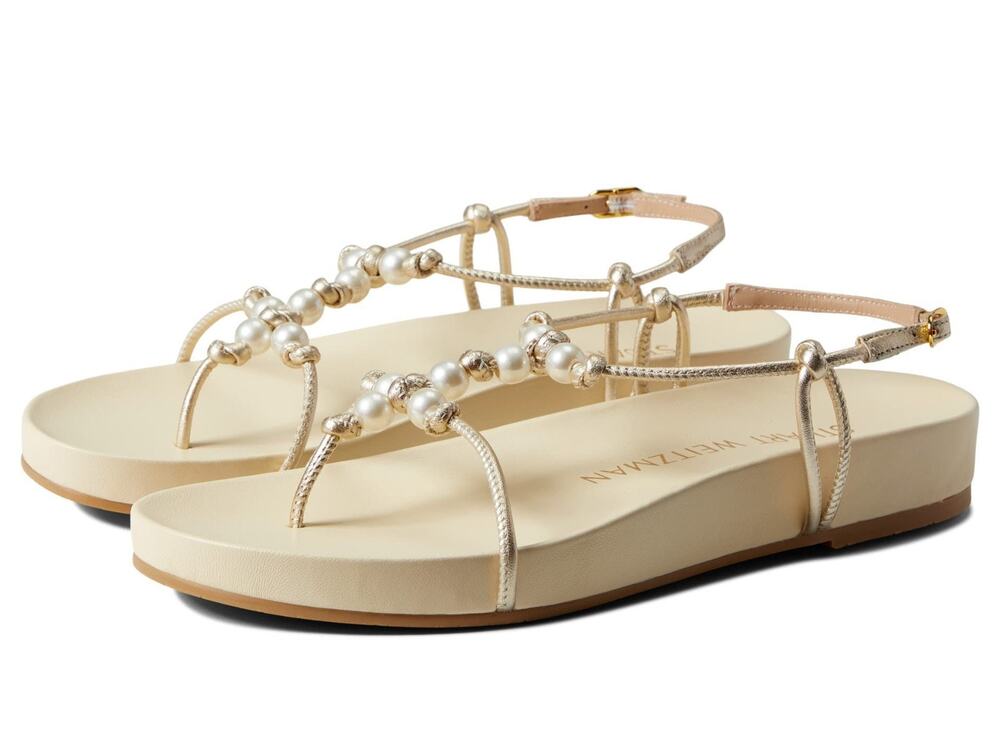 STUART WEITZMAN Pearl Knot Metallic Leather Flat Sandals Size 6.5 B